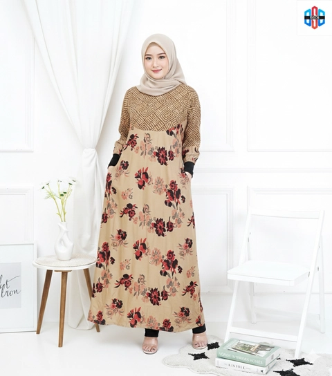 Disya.id - Dress Gamis Wanita Bahan Rayon Resleting Depan Bunga Mawar