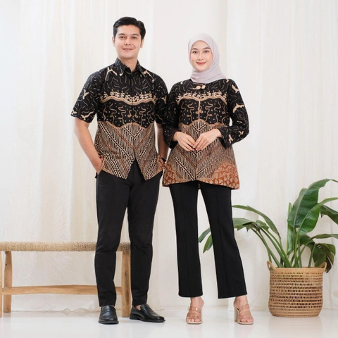 Kois Batik - Atasan batik pria dan wanita hem dan blouse couplen bisa dipisah motif meylika hitam