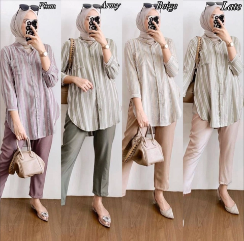 Valencia - One Set Wanita Kemeja Nareya Shakila Twill Premium Setelan Baju Lengan 7/8 Set Celana Panjang Kekini