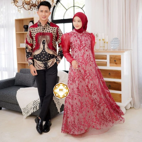 Rambe Batik Indonesia - Set Couple Premium Gamis Maroon Kemeja Lengan Panjang Kantor Kondangan Pesta