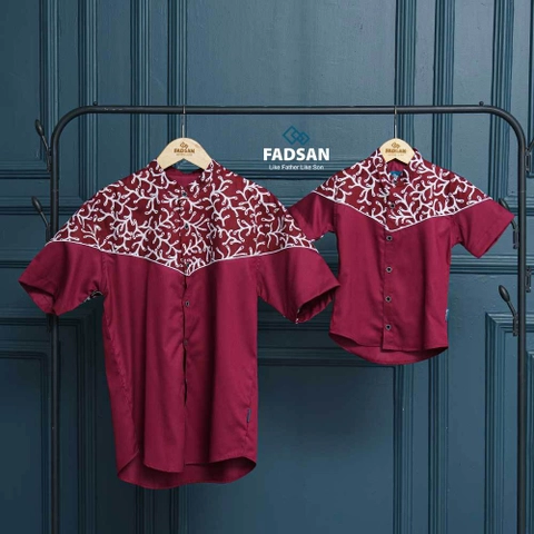 FADSAN - Kemeja Motif Batik Lengan Pendek Ayah & Anak Warna Maroon - New Emran Series
