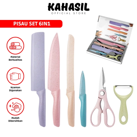 KAHASIL - Pisau Dapur Set 6in1 Super Tajam Anti Lengket Baja Stainless Steel KMJ002
