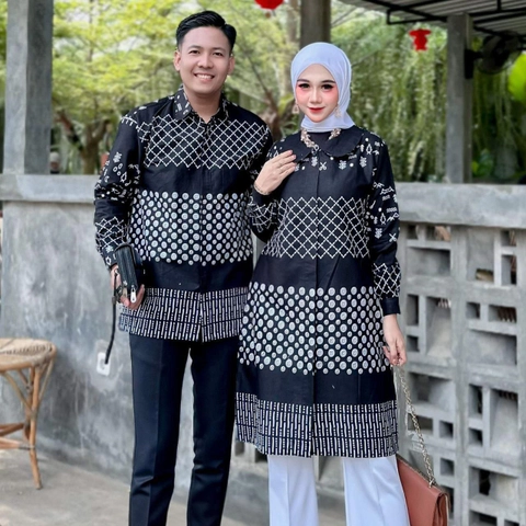 Kois Batik - Atasan batik couplen motif jaring hitam modern tunik dan kemeja