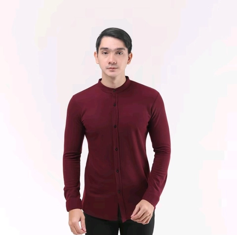 MR DEE - Kemeja panjang mandarin pria burgundy