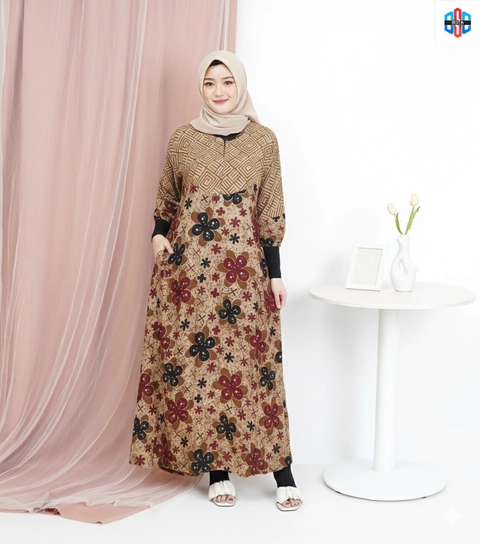 Disya.id - Dress Gamis Wanita Bahan Rayon Resleting Depan Bunga Laut