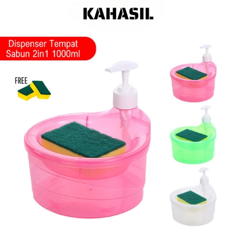KAHASIL - Dispenser Tempat Sabun Cuci Piring Cair 2in1 1000ml Free Spons KMJ015
