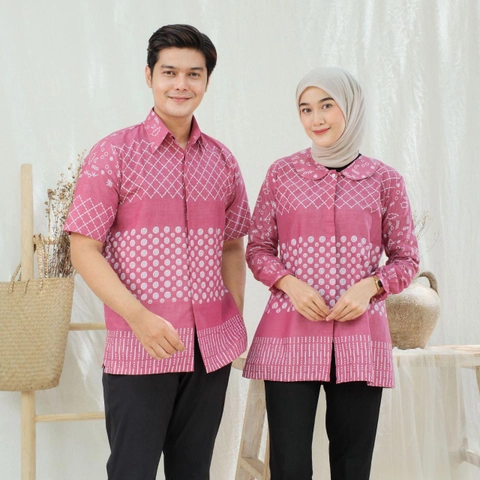 Kois Batik - Atasan Batik Coupel Kekinian Hem Dan Blouse Motif Jaring Pink