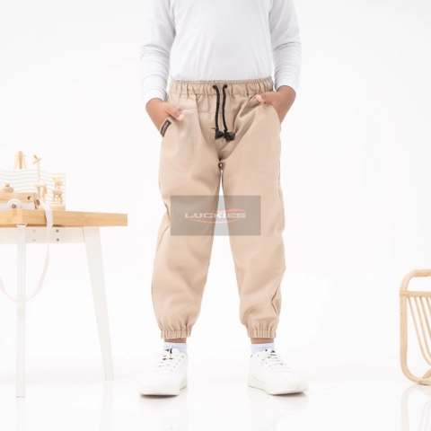 Celana Jogger Anak Usia 1-15 Thn Pinggang Karet dengan Tali Pinggang Warna Cream Kream Mocca Kuning