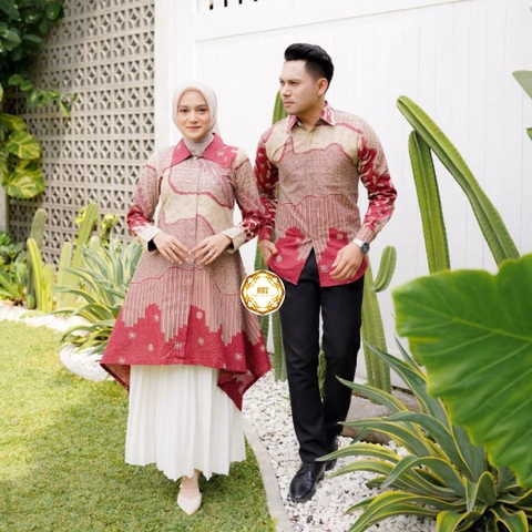 Rambe Batik Indonesia - Tunik Batik Luna Couple Merah Kemeja Panjang Kantor Kondangan