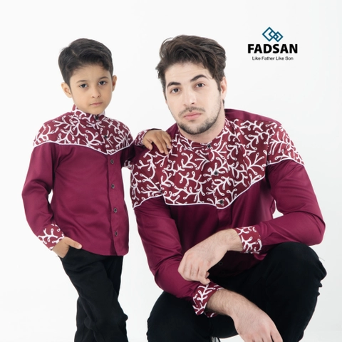 FADSAN - Kemeja Motif Batik Lengan Panjang Ayah & Anak Warna Maroon - New Emran Series