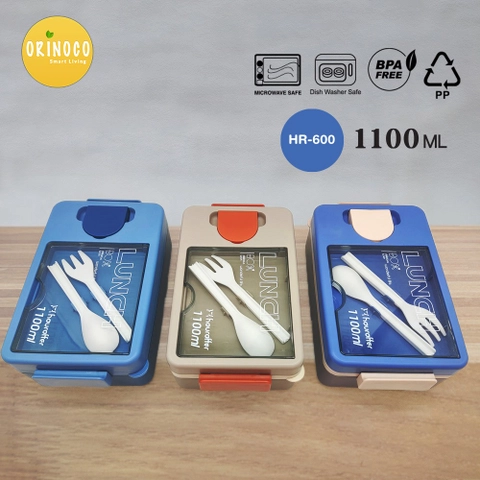Houroffer Kotak Makan Bento 3 Sekat HR-600 Plastic Free Sendok Garpu 1100 ML Anti Tumpah - Bpa Free
