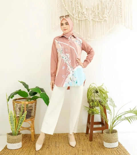 Syahrinda [TA] - Atasan Kancing Sakura Kemeja Praddah Pink Hijau Sage Abu Print Bunga Katun Impor