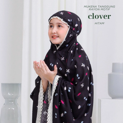 qayd - Mukena Clover Anak Tanggung Tas Sejadah Motif Daun Lucu Bahan Rayon Hitam