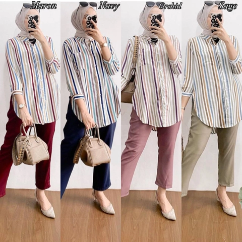 Valencia - Pelangi Set - One Set Wanita Kemeja Pelangi Shakila Twill Premium Setelan Baju Lengan 7/8 Set Celana