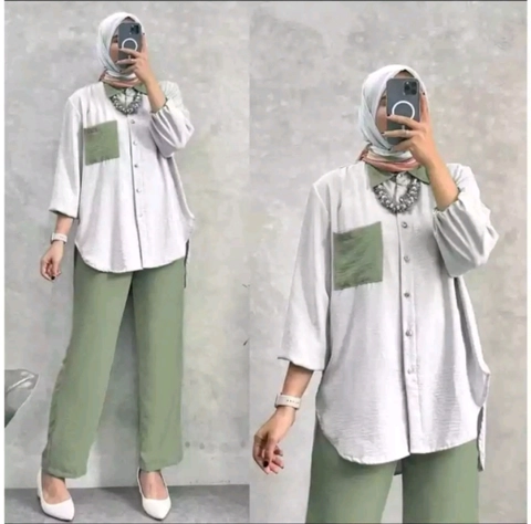 Bursanekashop - amanda one set / setelan muslimah wanita / gamis dress lebaran / blouse celana kemeja wanita