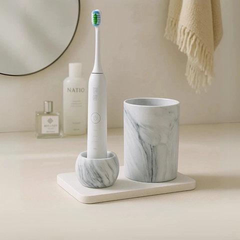Synnove - Paket Tempat Sikat Gigi Elektrik + Gelas Kumur Porselen + Diatomite Tray Toothbrush Holder