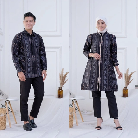 Batik Alfin - New baju Coauple atasan batik kemejan dan tunik motif Etnik hitam model terbaru
