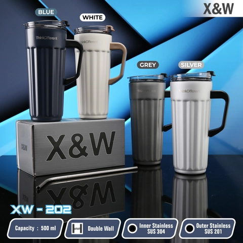 X&W Mug Gelas Stainles Steel With Handle & Straw Vacuum Flask Coffee Series XW-202 Cold & Hot 500ML