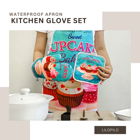 Lilopilo - Waterproof Apron And Kitchen Glove Set / Sarung Tangan Celemek Dapur