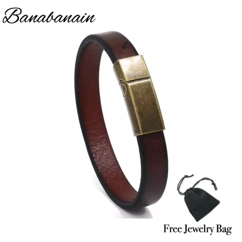 GAWUNG - Gelang Kulit Coklat Pria Premium Stainless steel macho GGKECC