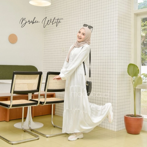 Gamis Polos Premium Babydoll Lady Dress Rayon Twill Full Kancing Hidup Busui Broken White