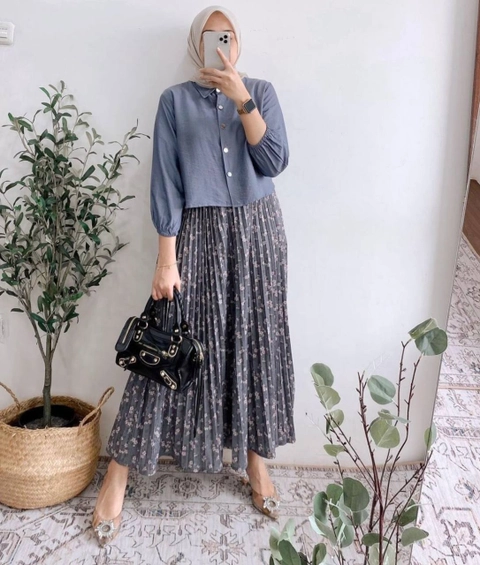 Valencia - Zavika Set Rok - One Set Wanita Kemeja Polo Linen Premium Lengan 7/8 Setelan Wanita Kekinian Rok Pr