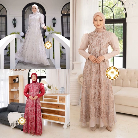 Rambe Batik Indonesia - Gamis Alesya Premium Kain Maksmara Premium Kain Organza Mix Tulle Take All Premium
