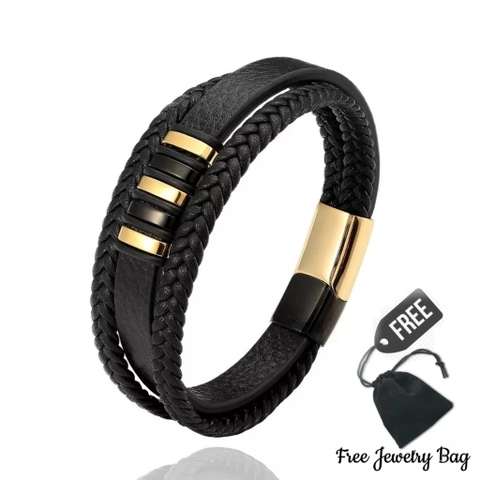 GAWUNG - Gelang Kulit Pria Black Gold Stainless Steel Aksesoris Fashion Premium Quality - GGKSBG