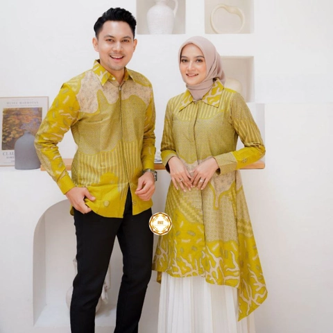 Rambe Batik Indonesia - Tunik Batik Luna Couple Lime Green Kemeja Panjang Kantor Kondangan