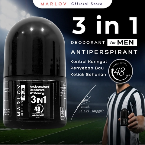 MARLOV - Antiperspirant Deodorant Whitening Roll On 3 in 1 Formula for MEN 25ml Untuk Pria 48 Jam
