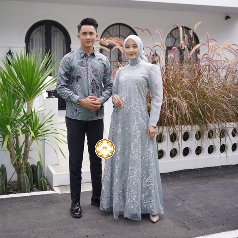Rambe Batik Indonesia - Set Couple Gamis Smoke Grey Premium Kemeja Lengan Panjang Kantor Kondangan Pesta
