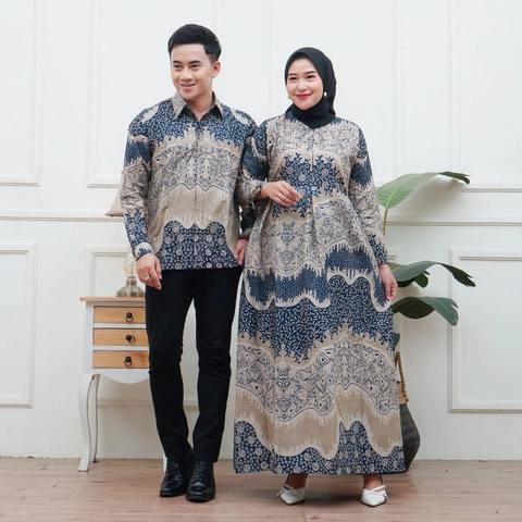 Kois Batik - Batik Gamis Coupel Kemeja Kekinian Terbaru Lembut Nyaman Dipakai Motif piramit navy