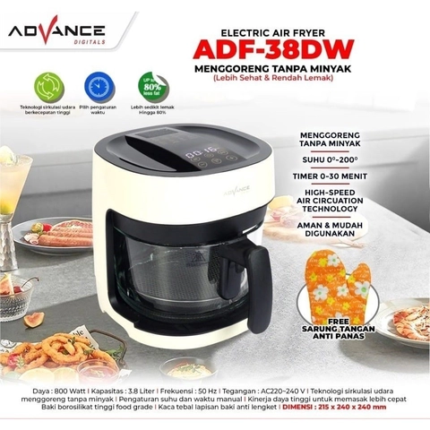 Advance Digitals Indonesia - Digital Air Fryer ADF-38DW Baki Kaca Transparan Glass 800 Watt