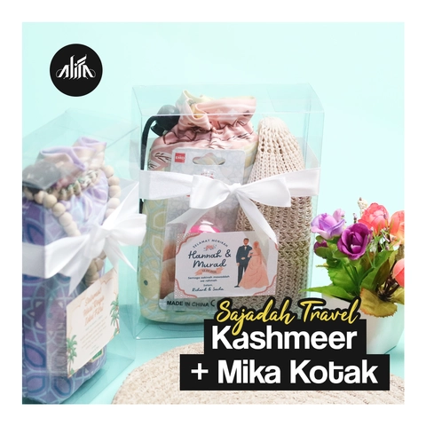 Alifa Sajadah Shop - Sajadah Travel Kashmir Mika Kotak + Pita + Kartu Ucapan Custom Souvenir Sejadah