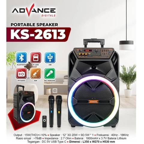 Advance Digitals Indonesia - AdvanceKS-2613 Speaker Bluetooth Portable 12 Inch Free 2 Microphone