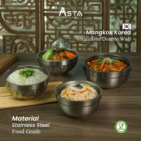 Asta Homeware Official - Asta Mangkok Nasi Korea Stainless Steel Double Layer Mangkok Sup Korean Bowl Tebal Anti Panas