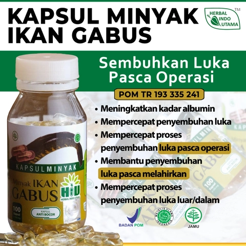Herbal Indo Utama - Kapsul Minyak Ikan Gabus Albumin Alami Mempercepat Sembuhkan Luka isi 100 Kaps
