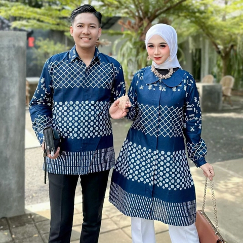 Kois Batik - Atasan batik couplen tunik dan kemeja mitif jaring navy modern