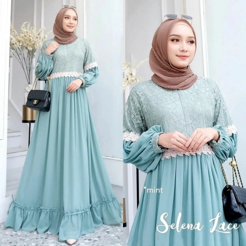 Bursanekashop - Selena Dress Maxy Gamis Muslim Brukat Renda Import Premium