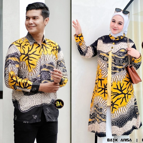 Batik Alfin - Baju atasan muslim Couple kemejan dan Tunik motif Akar kuning model kekinian terbaru