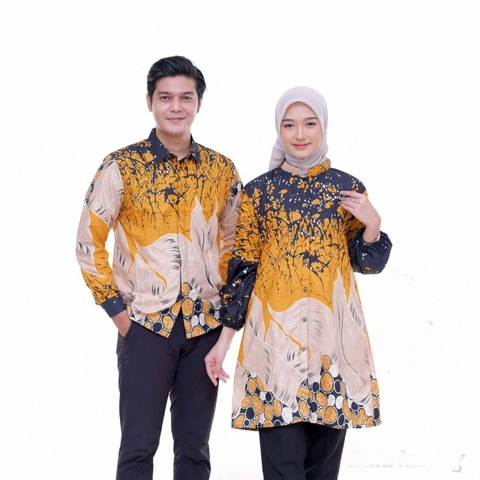 Ks muslim fashion - Batik pria dan wanita sarimbit bisa dipisah motif daun kuning