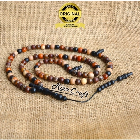 Riza Craft - Tasbih 99 Butir mix Kayu Galih Kelor Hitam - Kelor Coklat - Secang - Kalimasada - Stigi - Galih Asem