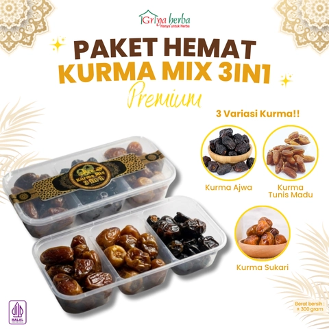 Griya Herba - Kurma Hampers 3 in 1 Sukari Ajwa Tunisia Madu Tangkai Mesir Manis Alami 300g Camilan Sehat
