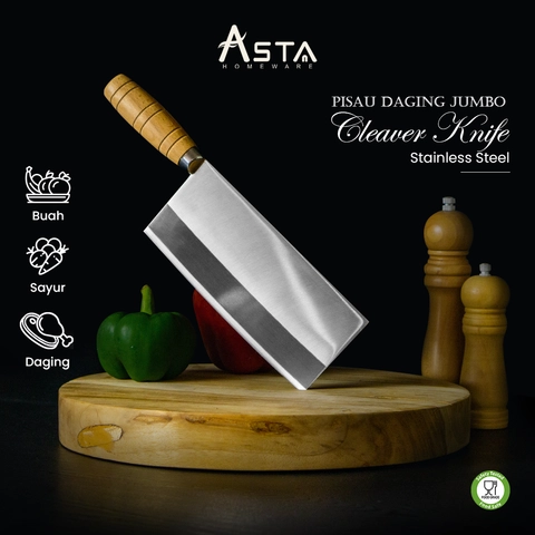 Asta Pisau Daging Super Tajam Besar Stainless Gagang Kayu 31cm