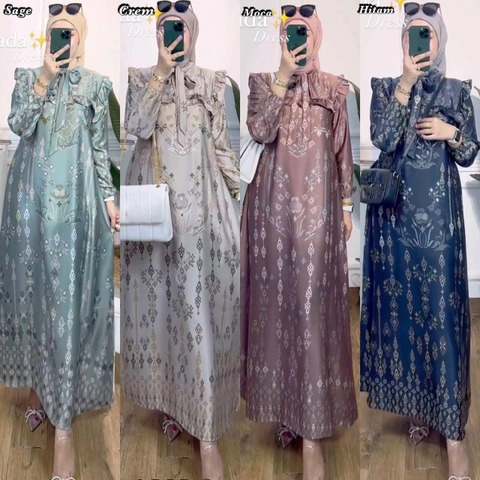 Valencia - Denada Gamis Terbaru Diora Silk Dress Wanita Lengan Panjang Ruffle Maxidress Kekinian LD 110 cm
