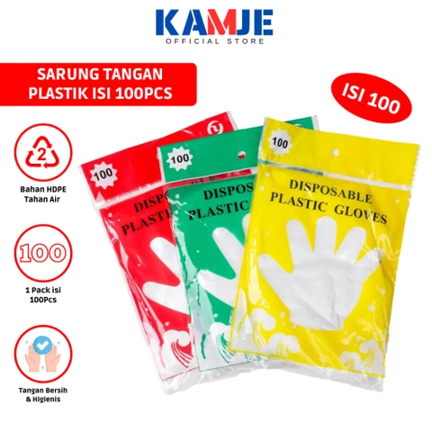 KAMJE Sarung Tangan Plastik Isi 100pcs Disposable Gloves Tebal Transparan KMJ008