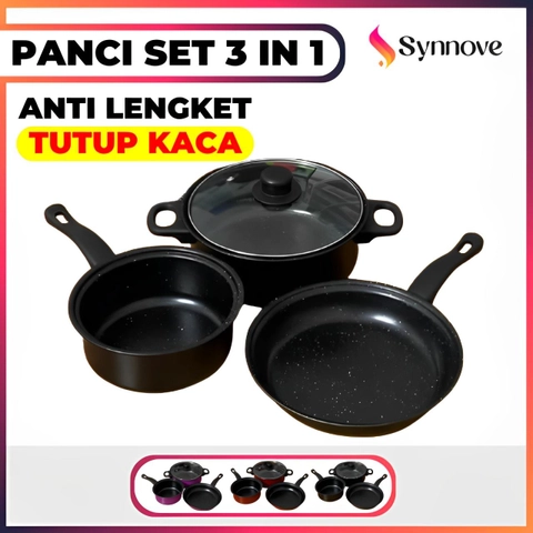Synnove - Panci Anti Lengket 3 In 1 Tutup Kaca Panci Set Kukusan Panci Teflon Panci Susu