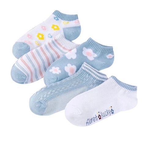 Beatdrop - Kaos Kaki Unik Lucu Wanita Fashion Motif Biru Bunga set isi 5 Pasang