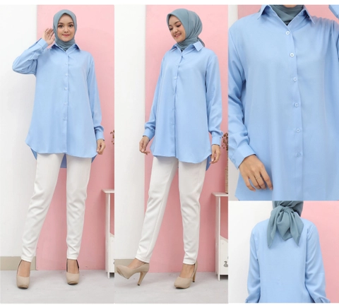 Syahrinda [TA] - Kemeja Wanita Polos Premium Raisya Biru Standar dan Jumbo