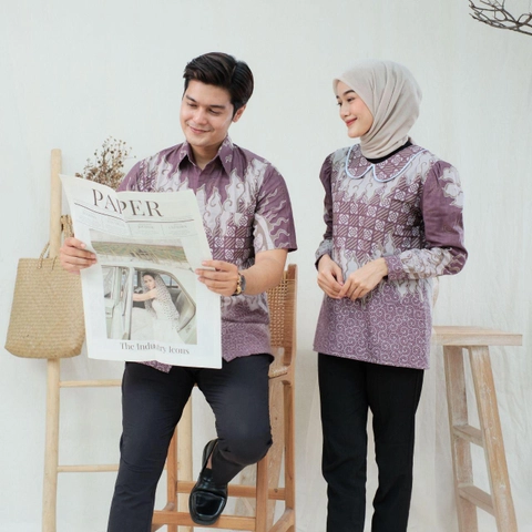 Kois Batik - Atasan Batik Wanita Dan Pria Bisa dipisah Hem dan Blouse Kekinian motif seroja mauve